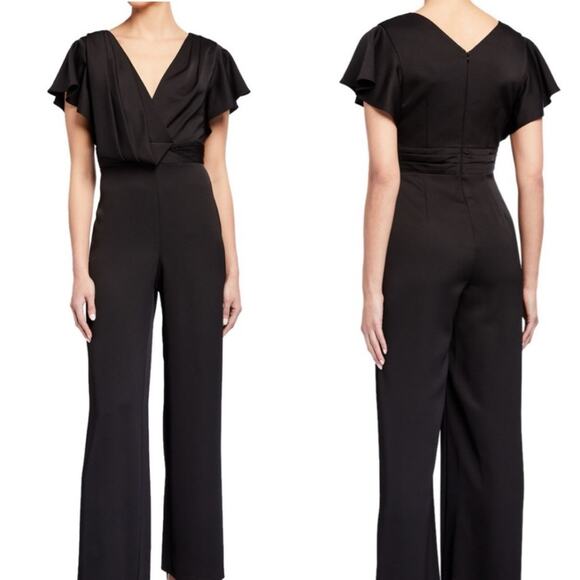 NWT AIDAN MATTOX black satin flutter sleeve v neck jumpsuit size 10 cocktail - Picture 1 of 8